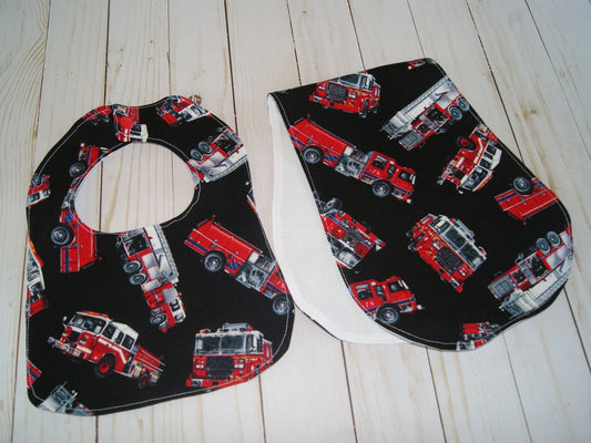 Fire Truck Bib and Burp Cloth Set