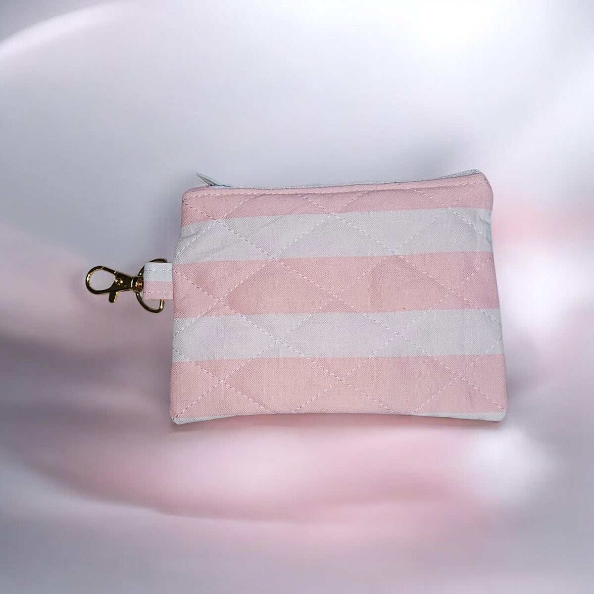 Pale Pink and white stripe quilted zipper wallet with wristlet
