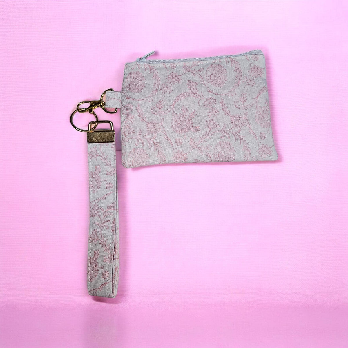 Pink floral Quilted zipper wallet with wristlet