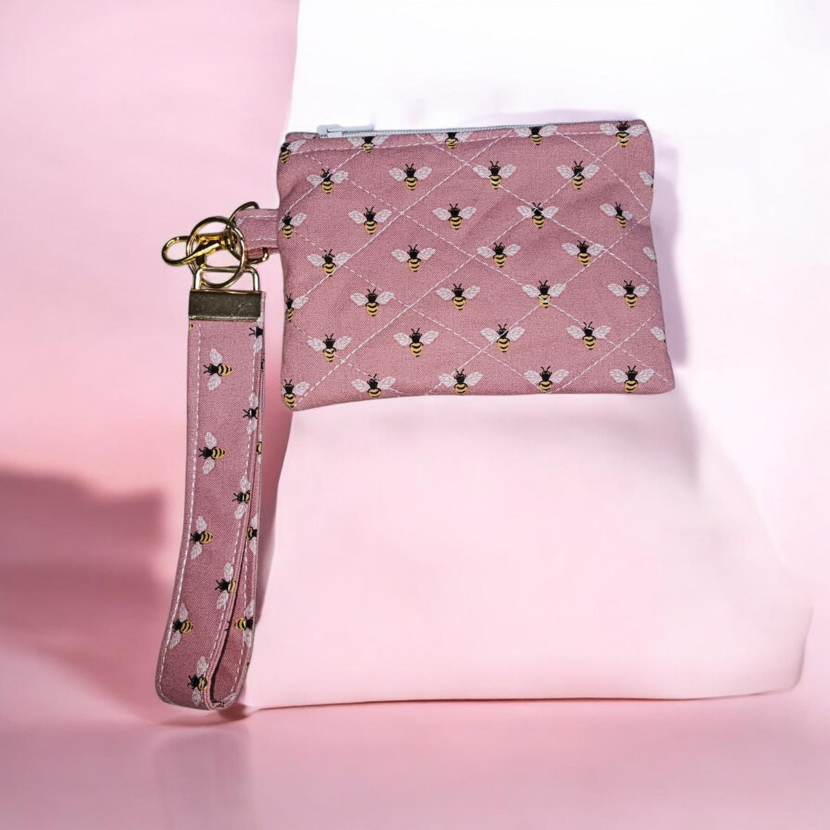 Dusty Rose Bee wristlet and quilted zipper wallet
