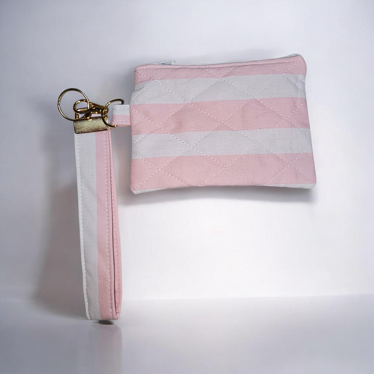 Pale Pink and white stripe quilted zipper wallet with wristlet