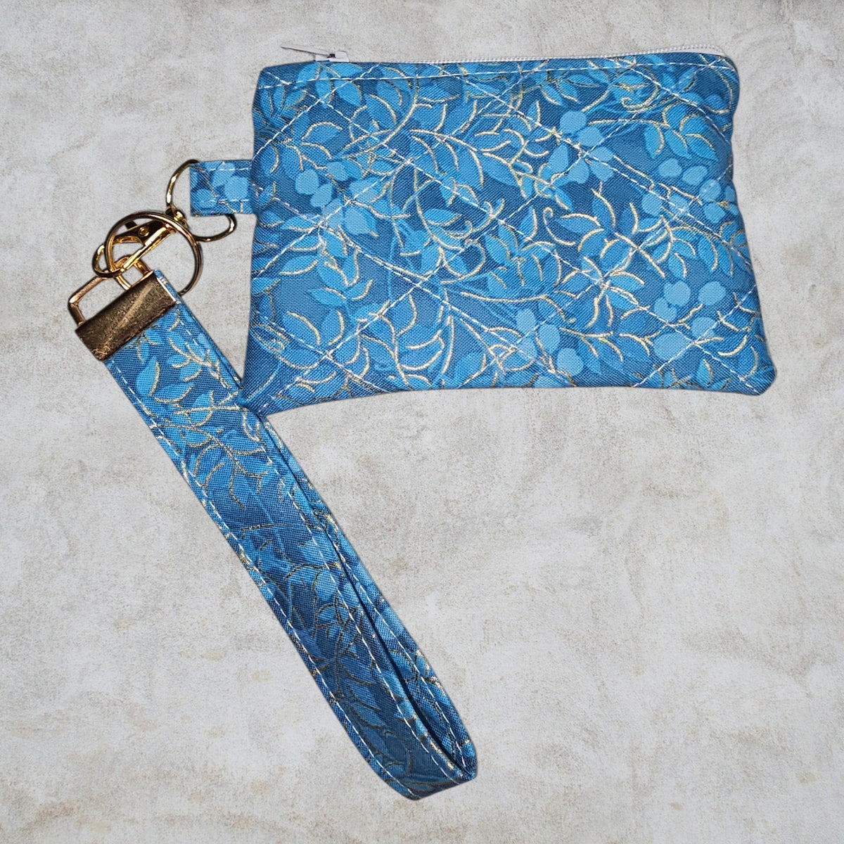 Blue and Gold metallic quilted zipper wristlet wallet